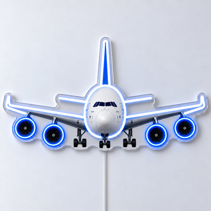 Airbus A380 Front View Neon Sign with printed aircraft details and an illuminated LED outline on clear acrylic, shown from the front on a white surface