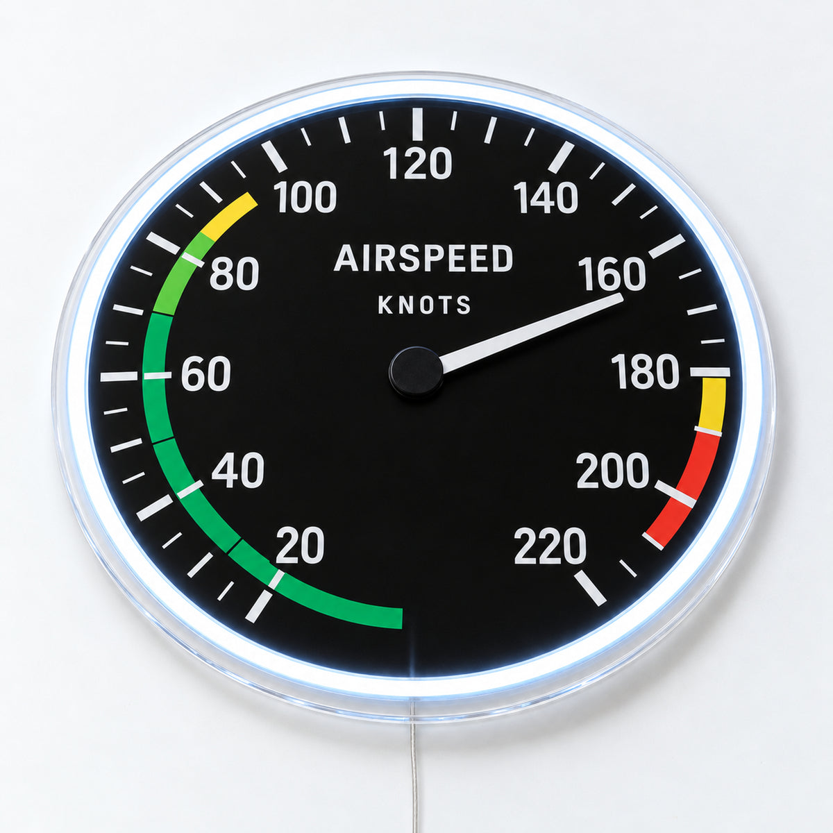 Airspeed Indicator Neon Sign, featuring an airspeed indicator dial, on a single clear acrylic backing displayed on a white surface.