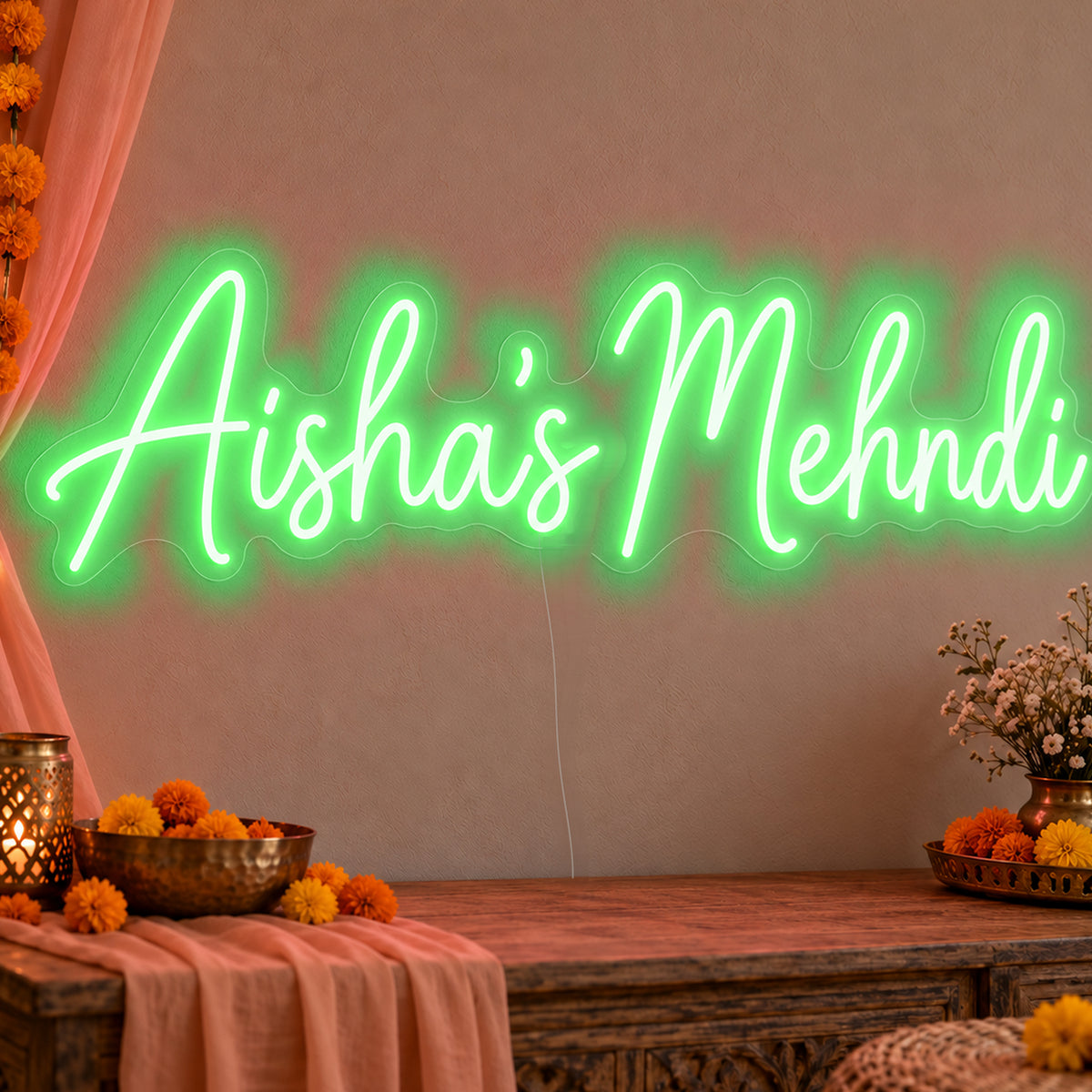 Personalised Mehndi Neon Sign in green LED neon on clear acrylic, angled view