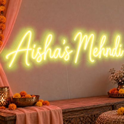 Personalised Mehndi Neon Sign in yellow LED neon on clear acrylic, angled view