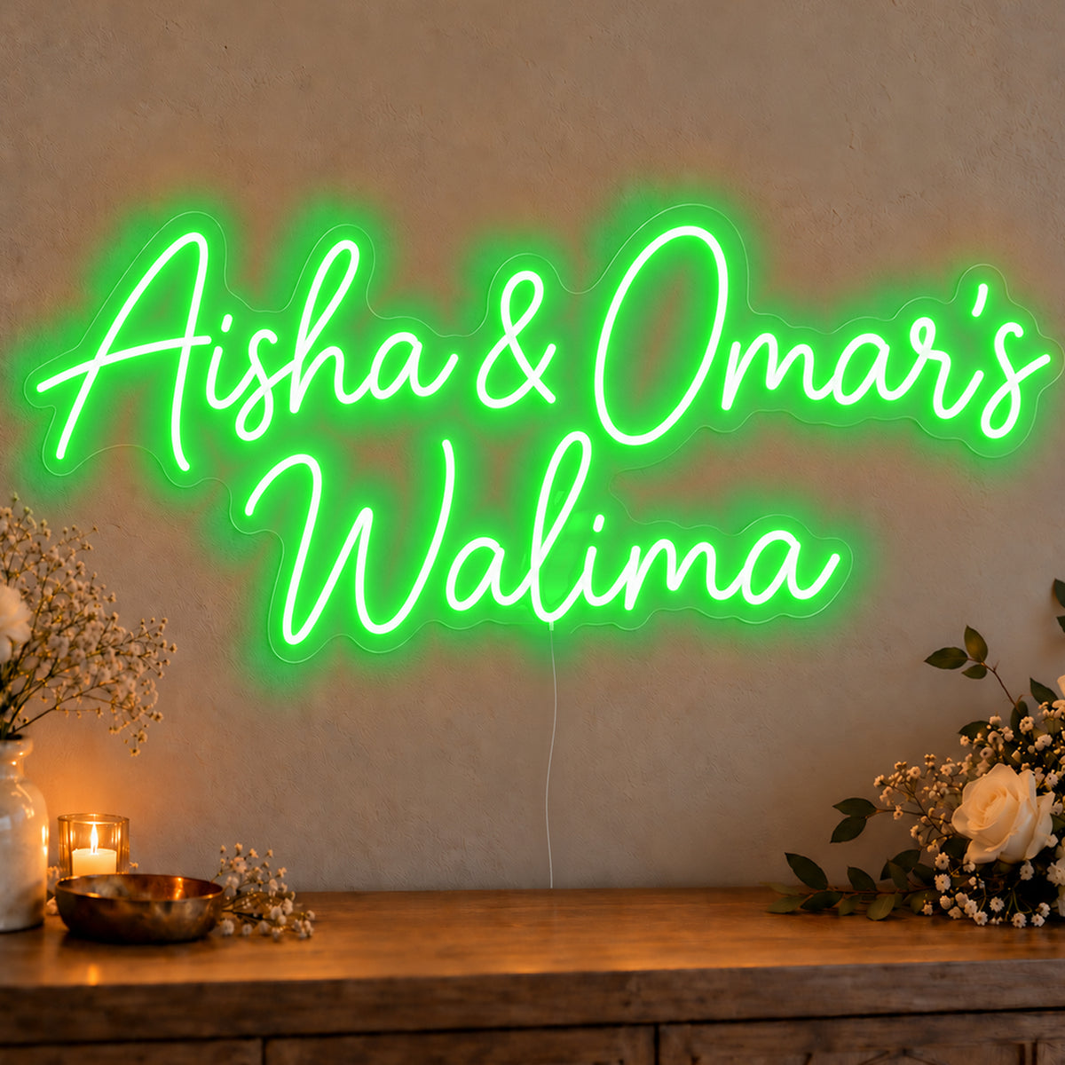 Personalised Walima Neon Sign in green LED neon on clear acrylic, angled view
