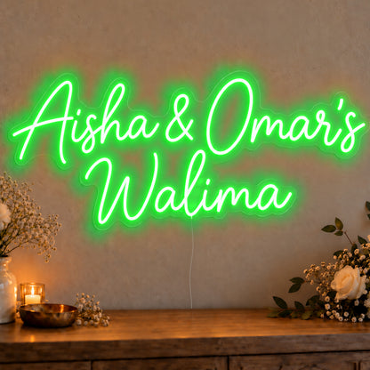 Personalised Walima Neon Sign in green LED neon on clear acrylic, angled view