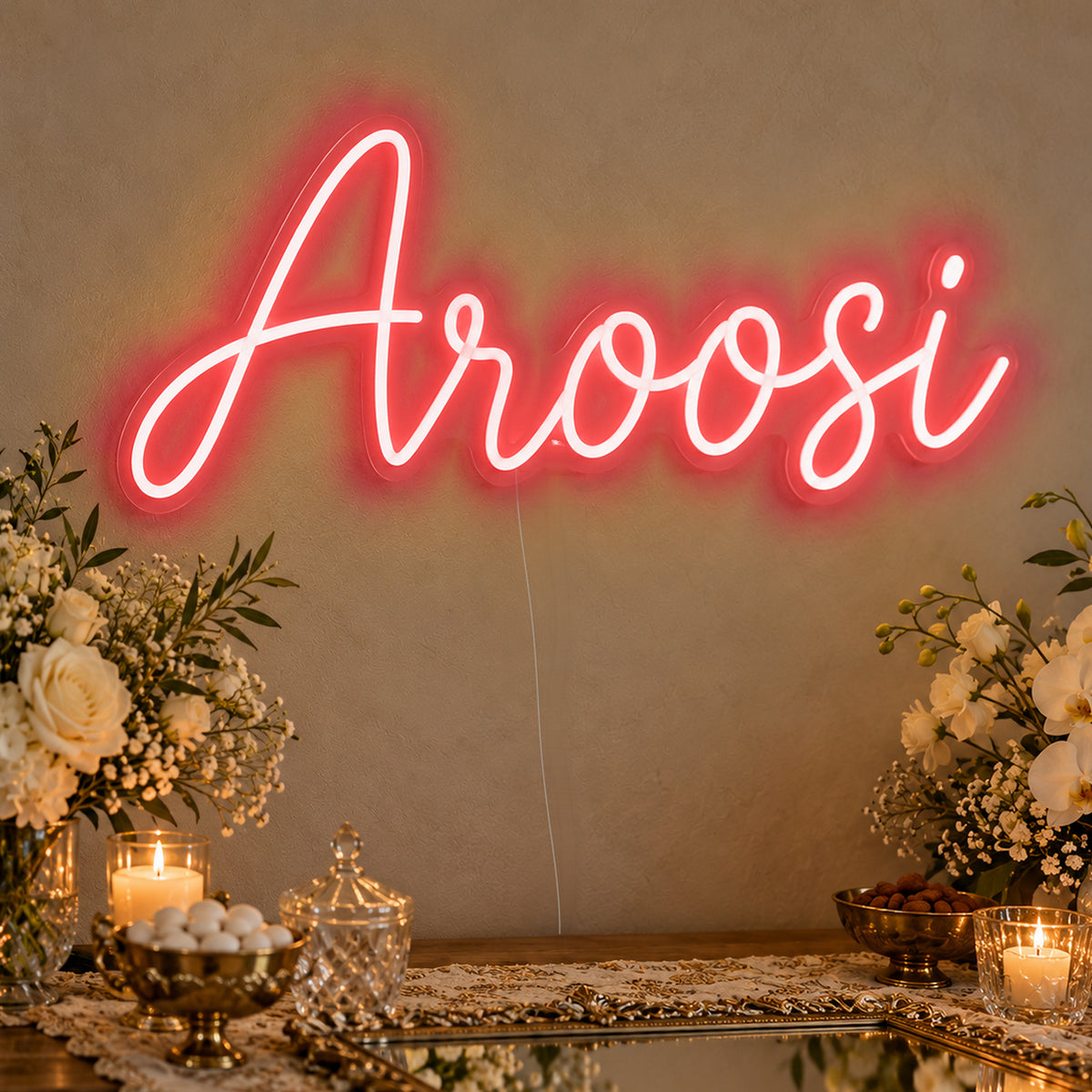 Aroosi Neon Sign in red LED neon on clear acrylic, angled view