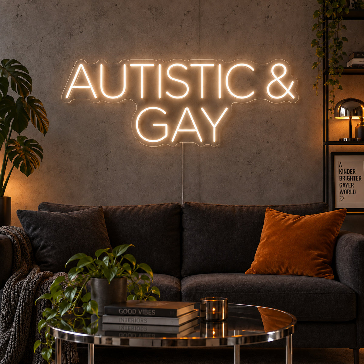 Warm White version of the Autistic & Gay Neon Sign, shown above a dark sofa against a concrete wall.