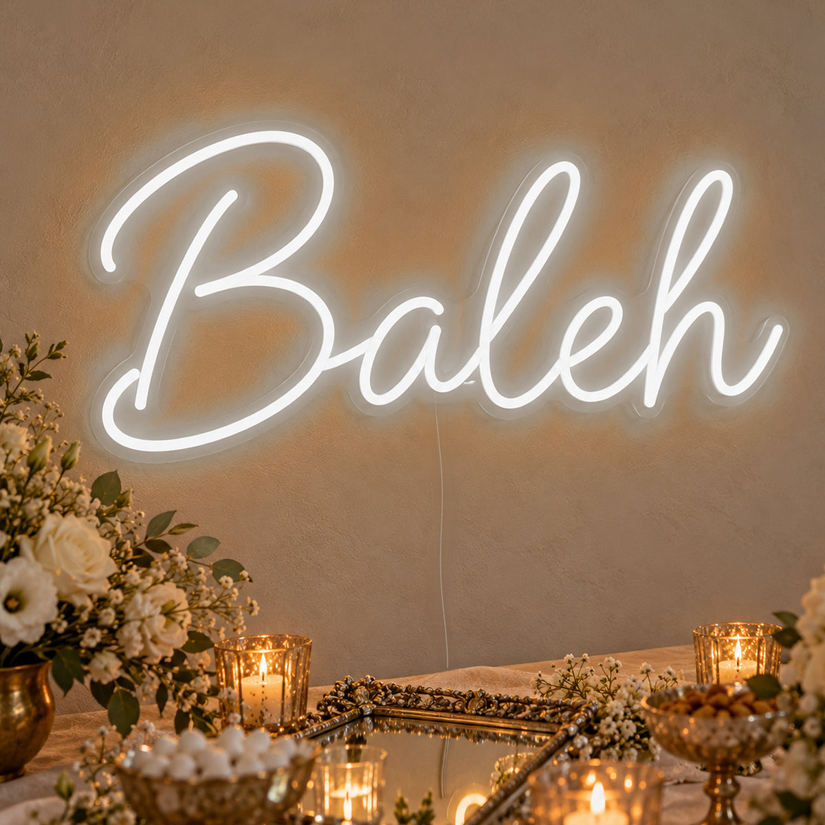 Baleh Neon Sign in white LED neon on clear acrylic, angled view