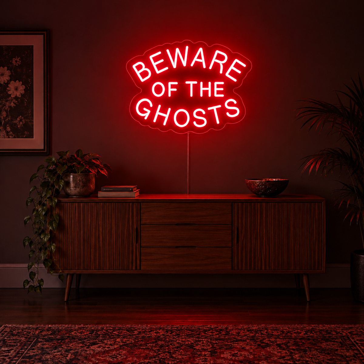 Beware of the Ghosts Neon Sign featuring Beware of the Ghosts wording arranged in curved red lettering, displayed on a dark wall above a wooden sideboard.