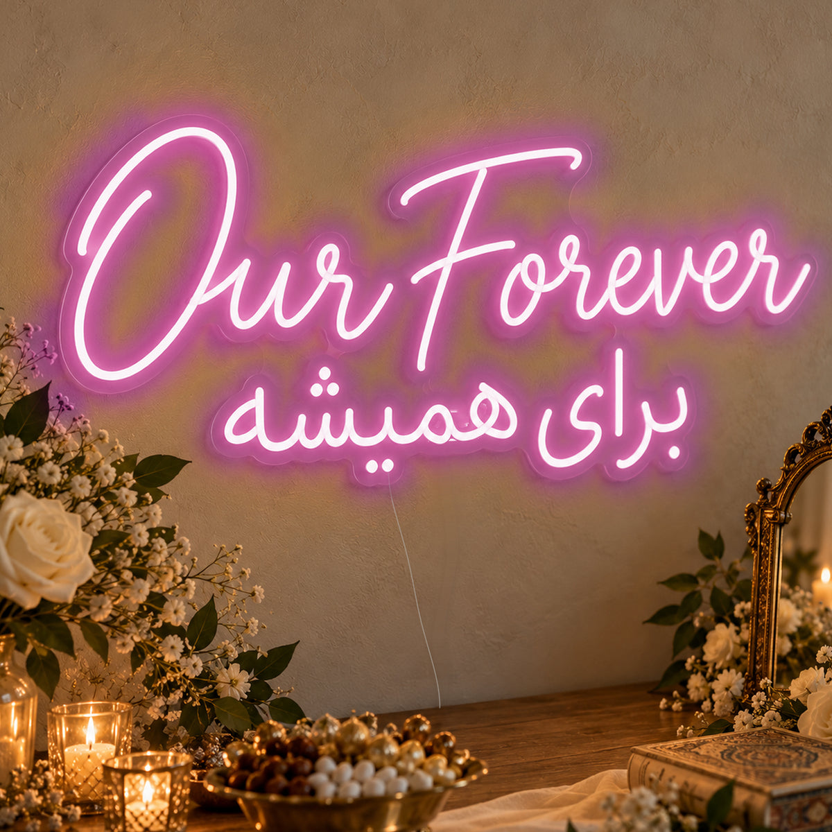 Our Forever English & Persian Neon Sign in pink LED neon on clear acrylic, angled view