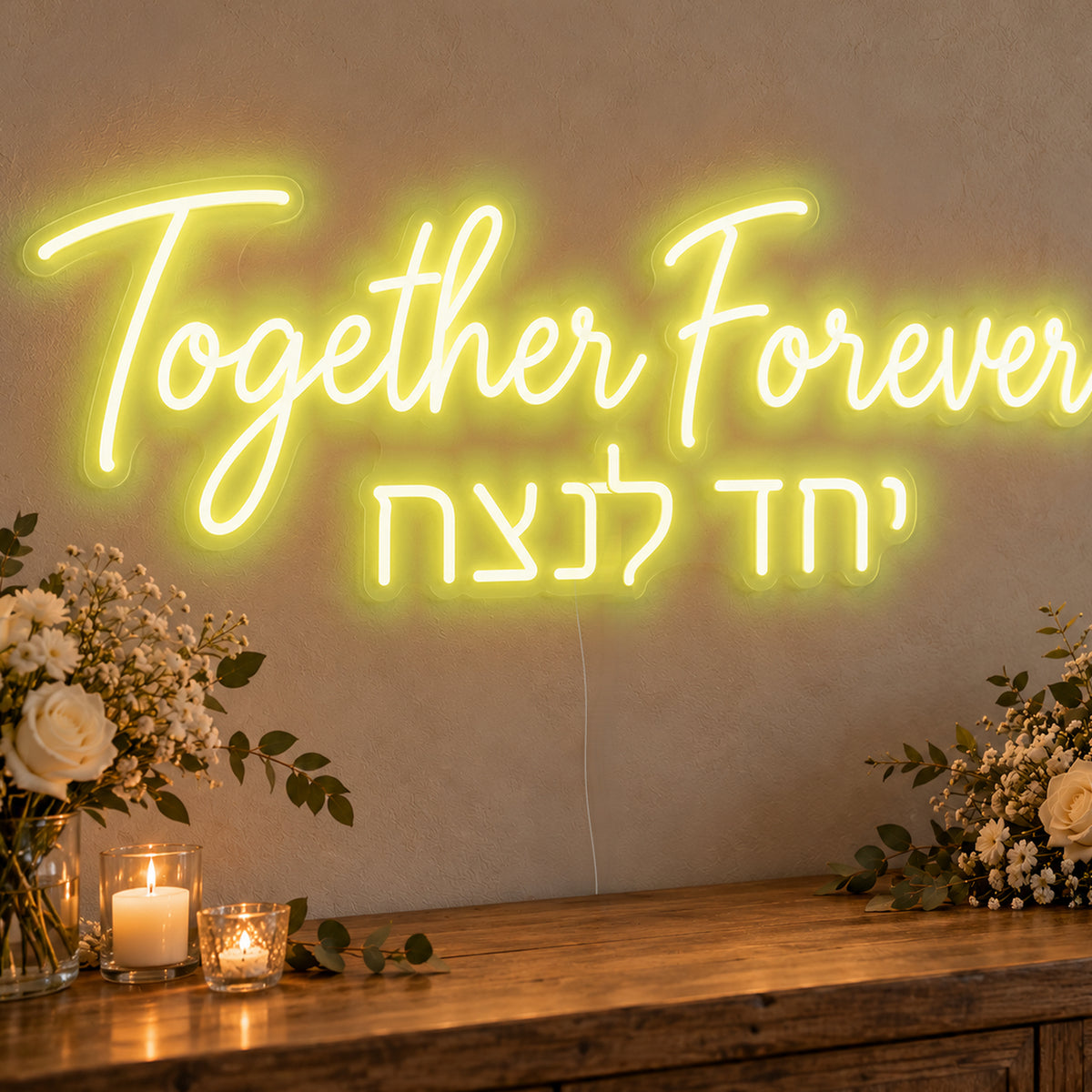 Together Forever English & Hebrew Neon Sign in yellow LED neon on clear acrylic, angled view