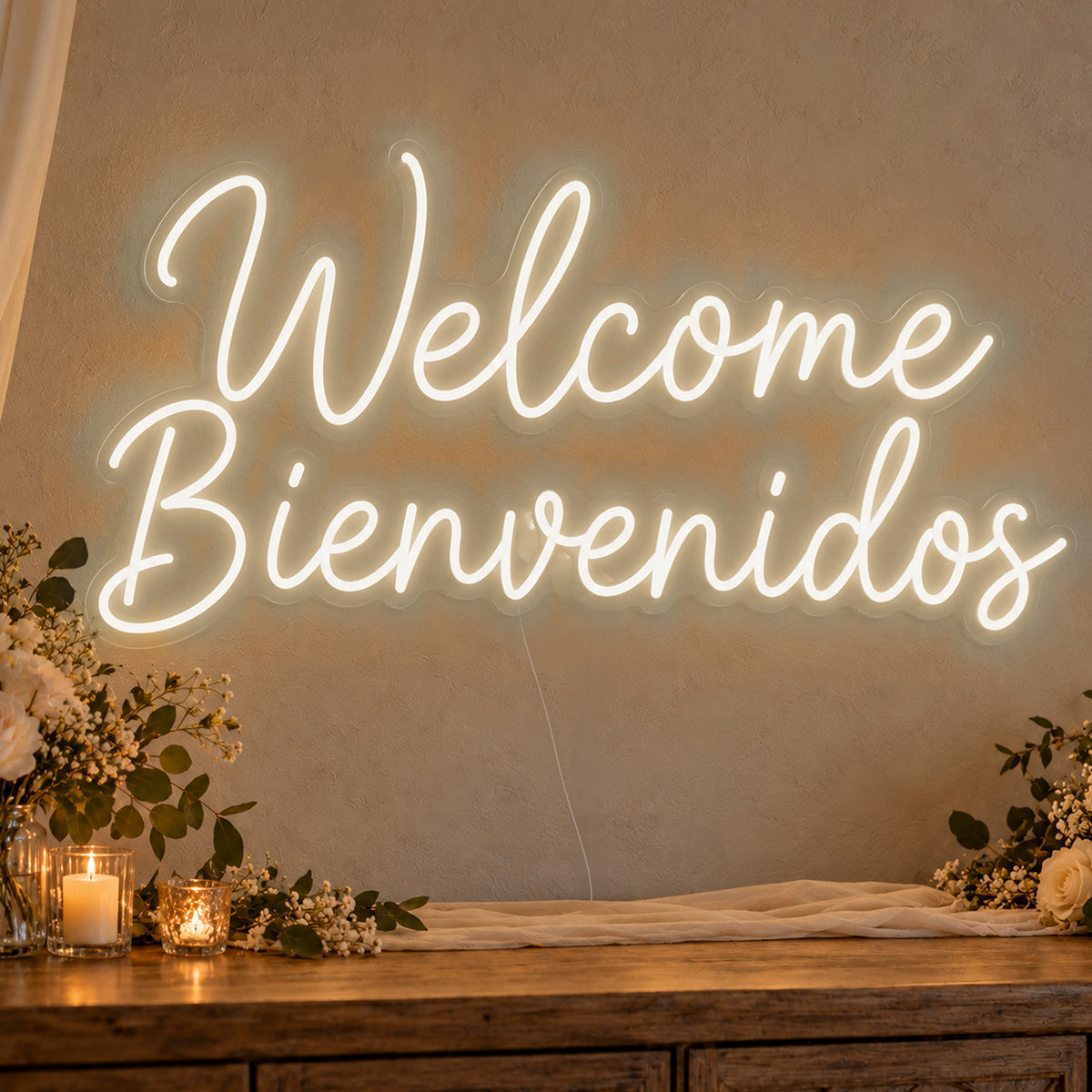 Welcome English & Spanish Neon Sign in warm white LED neon on clear acrylic, angled view