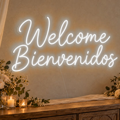 Welcome English & Spanish Neon Sign in white LED neon on clear acrylic, angled view