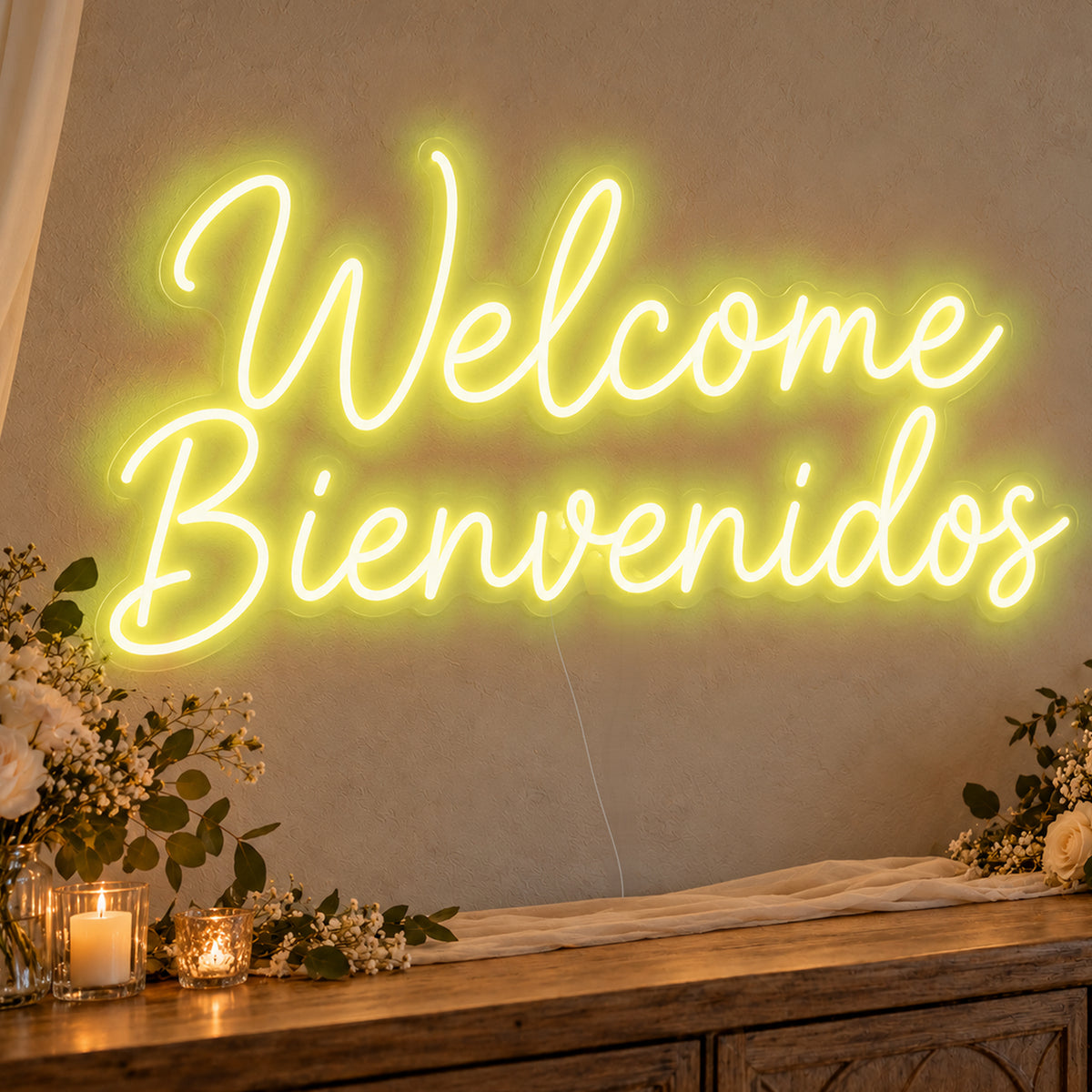 Welcome English & Spanish Neon Sign in yellow LED neon on clear acrylic, angled view
