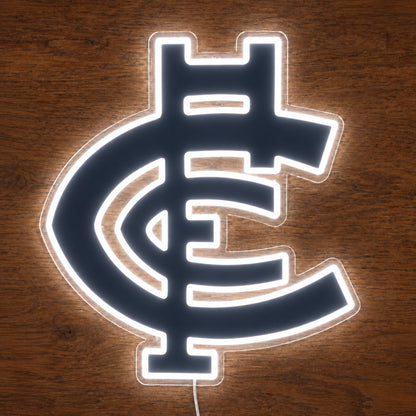 Carlton Blues neon sign glowing brightly on a wooden surface in dim lighting