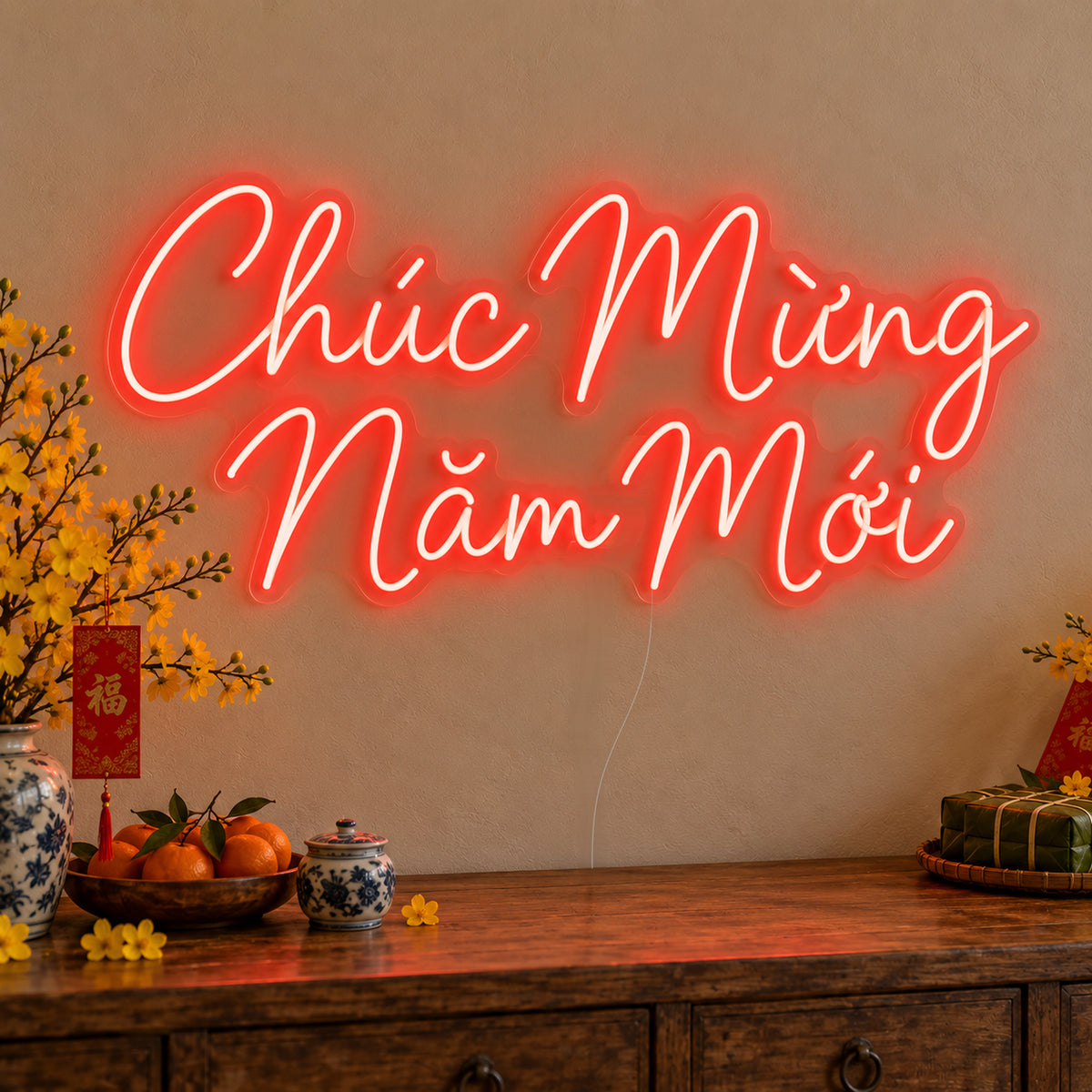 Chúc Mừng Năm Mới Neon Sign on clear cut-to-shape acrylic, illuminated on a wall in a styled celebration setting