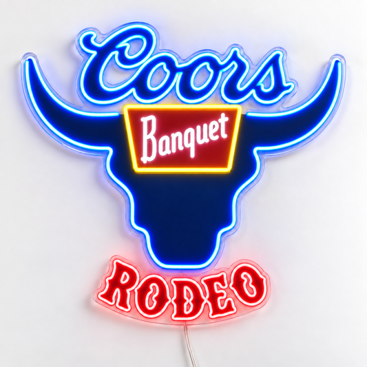 Coors Banquet Rodeo Neon Sign with blue bull logo and red lettering on 6mm clear acrylic