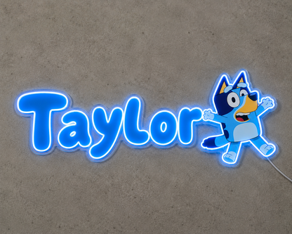 Custom Name Bluey LED Neon Sign displayed in a kids bedroom