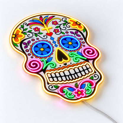 Day of the Dead - Cinco de Mayo blue floral skull LED neon sign, angled view on a white surface