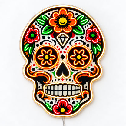 Day of the Dead - Cinco de Mayo orange floral skull LED neon sign, front view on a white surface