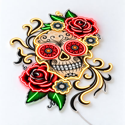 Day of the Dead - Cinco de Mayo rose skull LED neon sign, angled view on a white surface