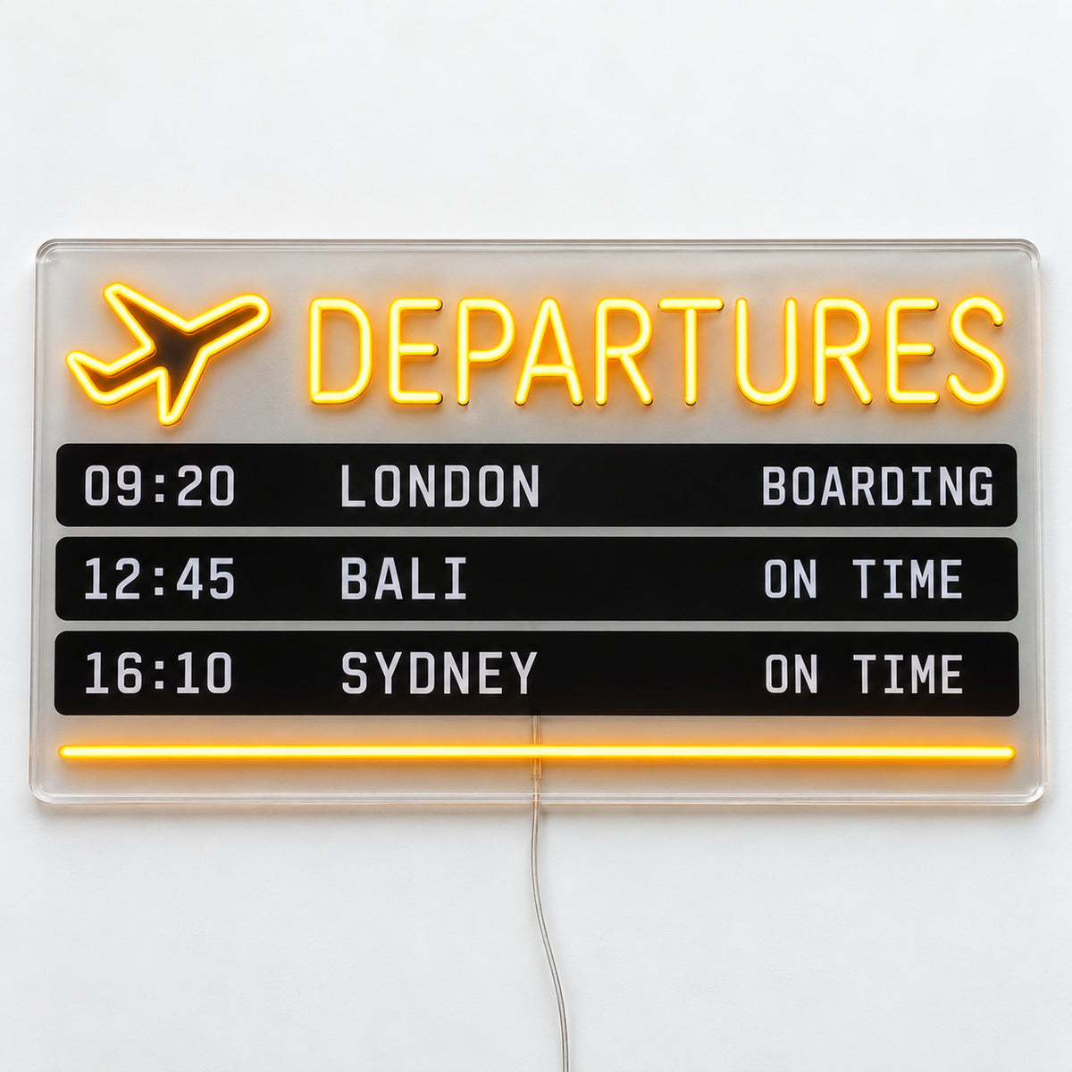 Departures Board Neon Sign, featuring a departures-board design inspired by the anticipation of your next flight, on a single clear acrylic backing displayed on a white surface.