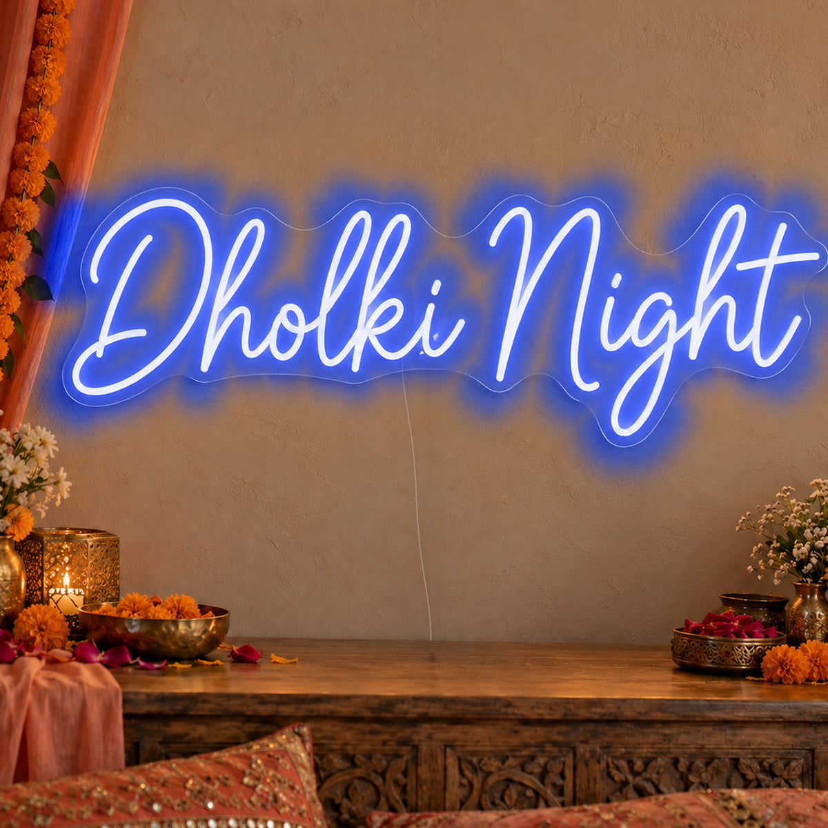Dholki Night Neon Sign in blue LED neon on clear acrylic, angled view