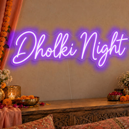 Dholki Night Neon Sign in purple LED neon on clear acrylic, angled view