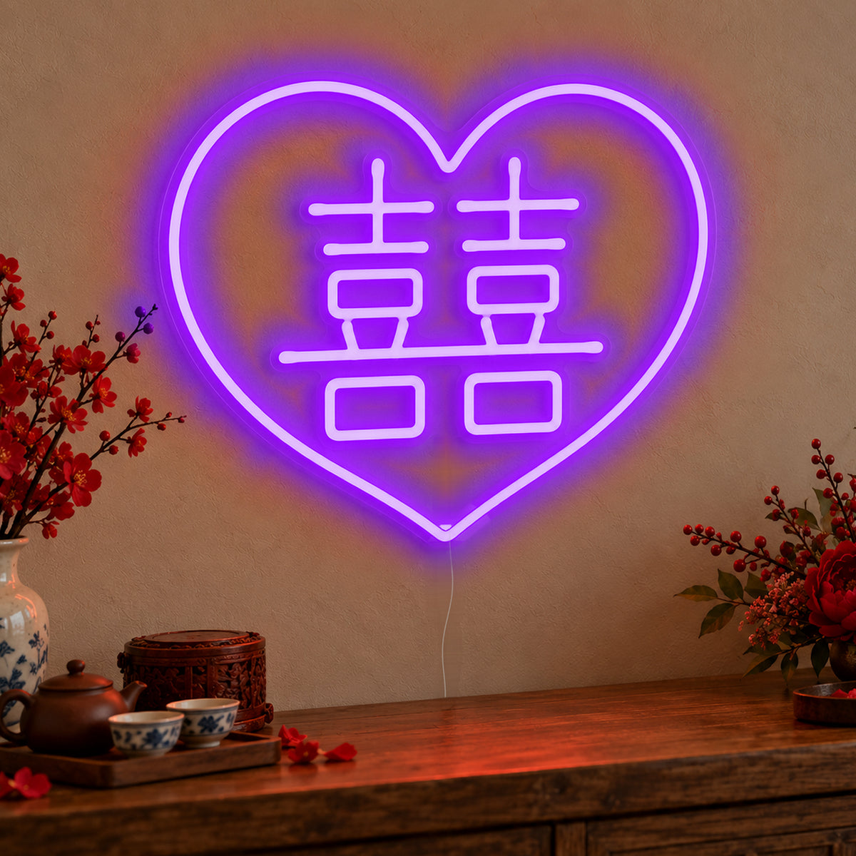 Double Happiness Heart Neon Sign in purple LED neon on clear acrylic, angled view