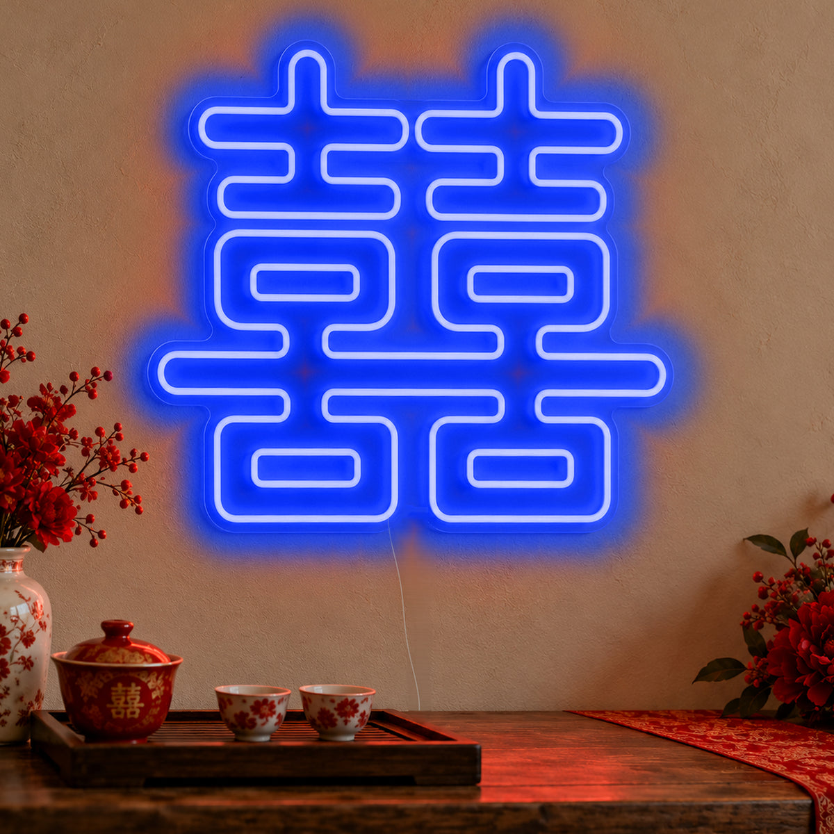 Double Happiness Red Neon Sign in blue LED neon on clear acrylic, angled view