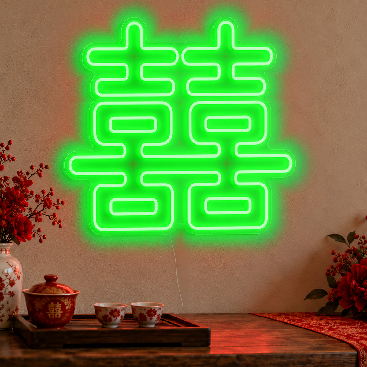Double Happiness Red Neon Sign in green LED neon on clear acrylic, angled view