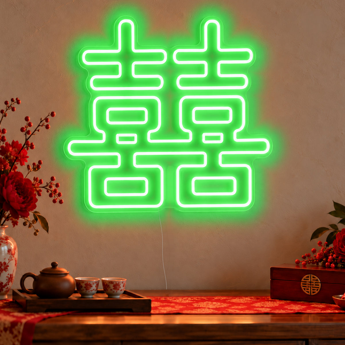 Double Happiness Warm White Neon Sign in green LED neon on clear acrylic, angled view