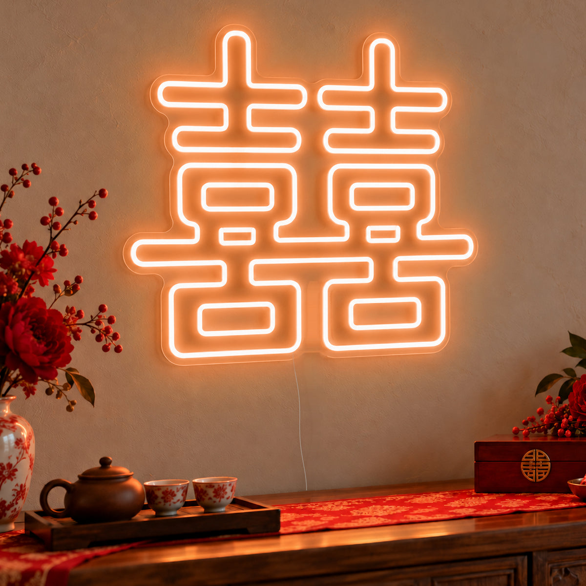 Double Happiness Warm White Neon Sign in orange LED neon on clear acrylic, angled view