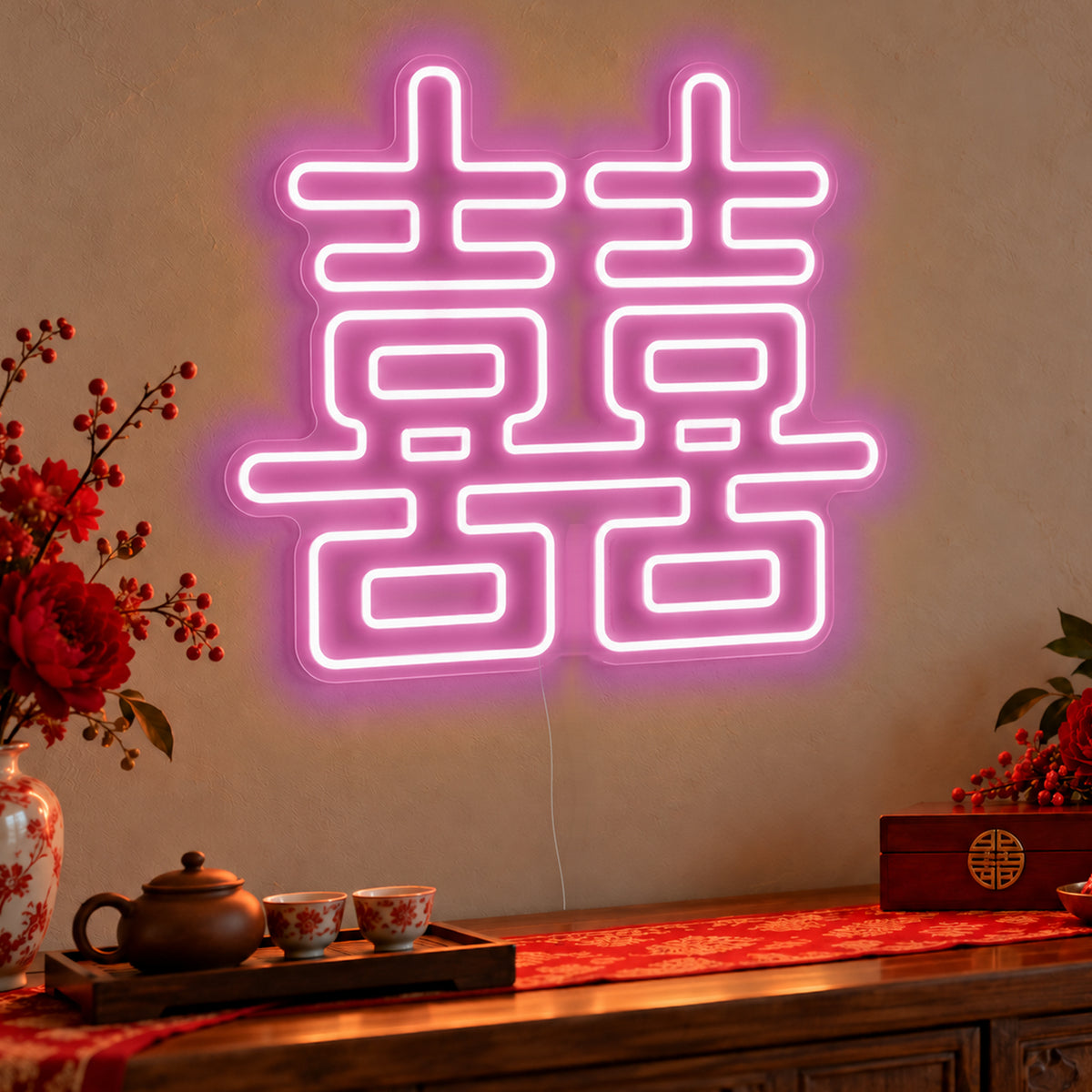 Double Happiness Warm White Neon Sign in pink LED neon on clear acrylic, angled view