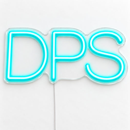 DPS Airport Code Neon Sign, featuring the DPS airport code in clean LED neon lettering, on a single clear acrylic backing displayed on a white surface.