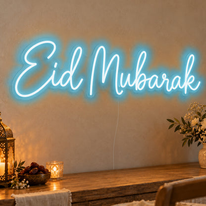 Eid Mubarak Neon Sign in ice blue LED neon on clear acrylic, angled view