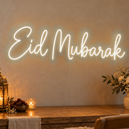 Eid Mubarak Neon Sign in warm white LED neon on clear acrylic, angled view