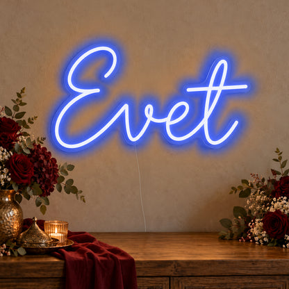 Evet Neon Sign in blue LED neon on clear acrylic, angled view