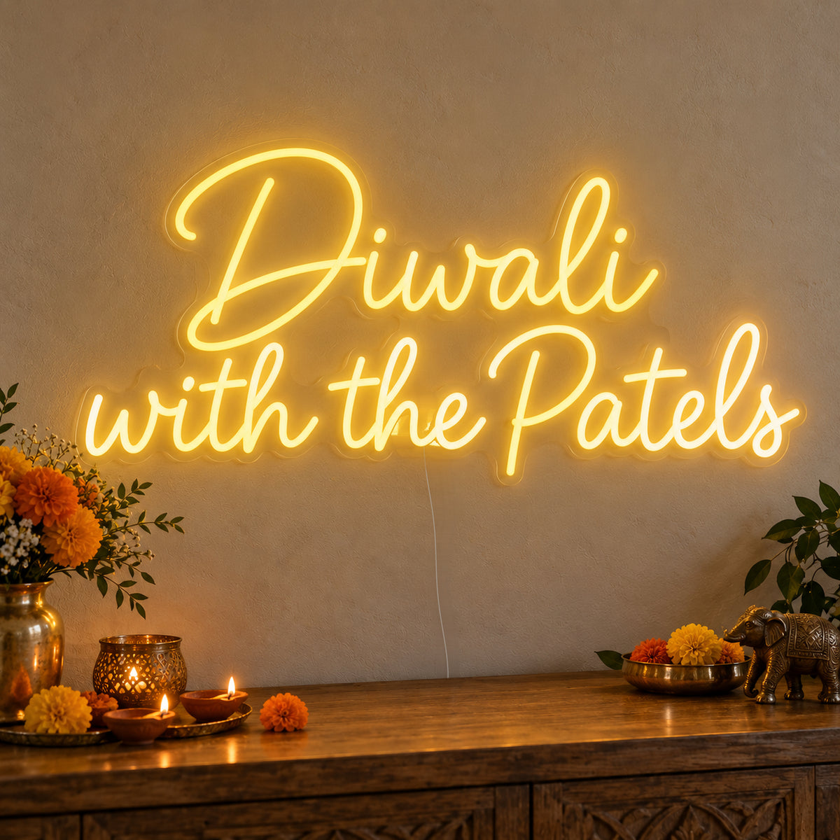 Personalised Family Diwali Neon Sign on clear cut-to-shape acrylic in an illuminated wall display; example personalisation shown.