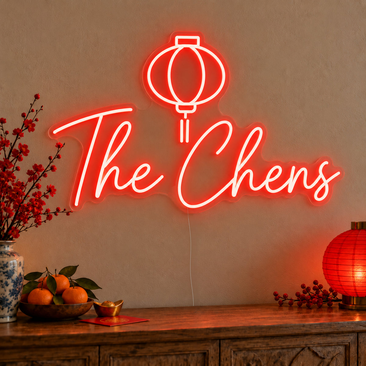 Personalised Family Lantern Neon Sign on clear cut-to-shape acrylic in an illuminated wall display; example personalisation shown.
