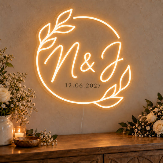 Personalised Filipino Wedding Monogram Neon Sign on clear cut-to-shape acrylic in an illuminated wall display; example personalisation shown.