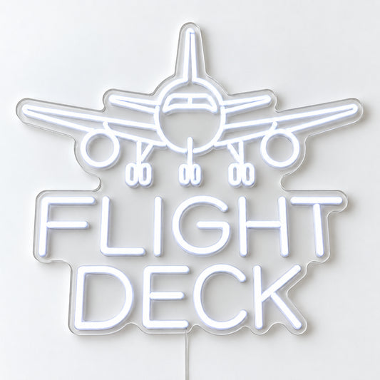 Flight Deck Neon Sign, featuring Flight Deck lettering beneath a front-view aircraft, on a single clear acrylic backing displayed on a white surface.