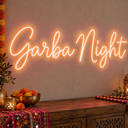 Garba Night Neon Sign in orange LED neon on clear acrylic, angled view