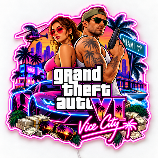 GTA VI Vice City Montage Neon Sign – A colourful Vice City montage featuring a couple, pink sports car, speedboat, palms and skyline, framed by a complete pink neon outline.