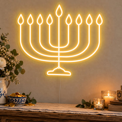 Hanukkiah Neon Sign in gold LED neon on clear acrylic, angled view