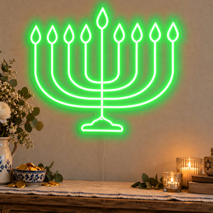Hanukkiah Neon Sign in green LED neon on clear acrylic, angled view