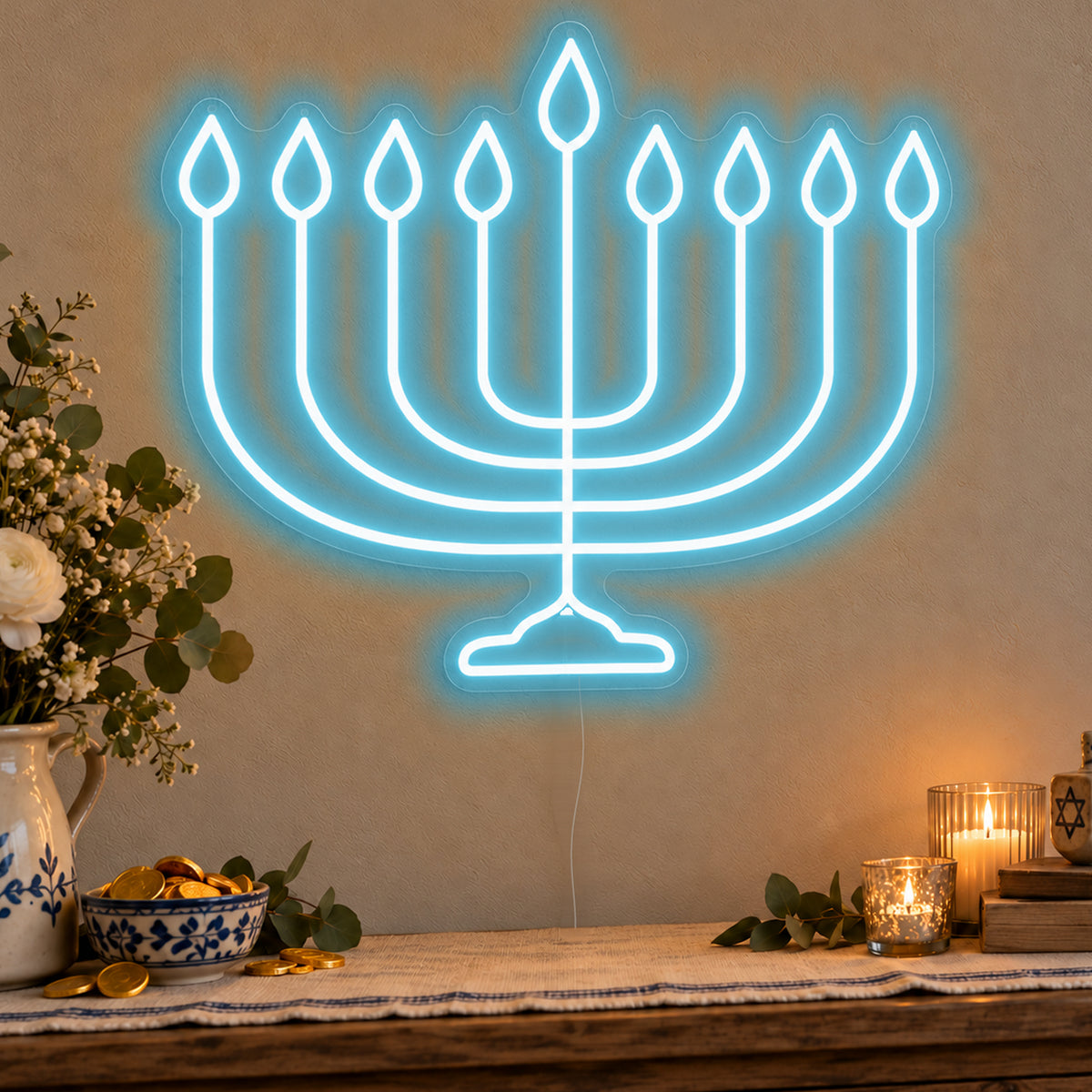 Hanukkiah Neon Sign in ice blue LED neon on clear acrylic, angled view
