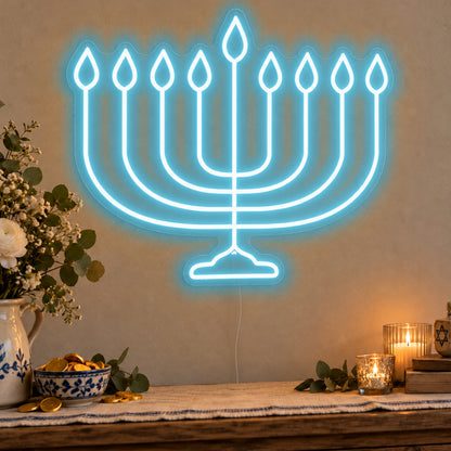 Hanukkiah Neon Sign in ice blue LED neon on clear acrylic, angled view