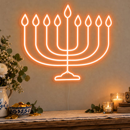 Hanukkiah Neon Sign in orange LED neon on clear acrylic, angled view