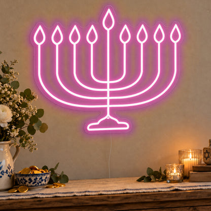 Hanukkiah Neon Sign in pink LED neon on clear acrylic, angled view