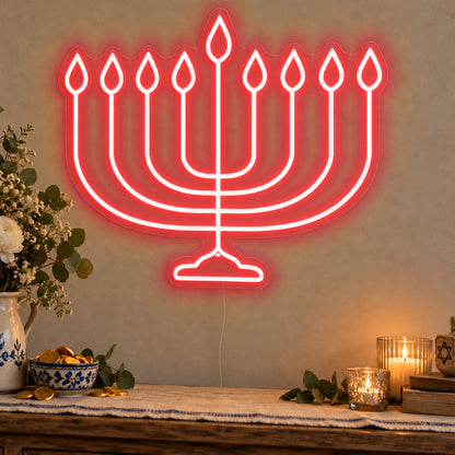 Hanukkiah Neon Sign in red LED neon on clear acrylic, angled view
