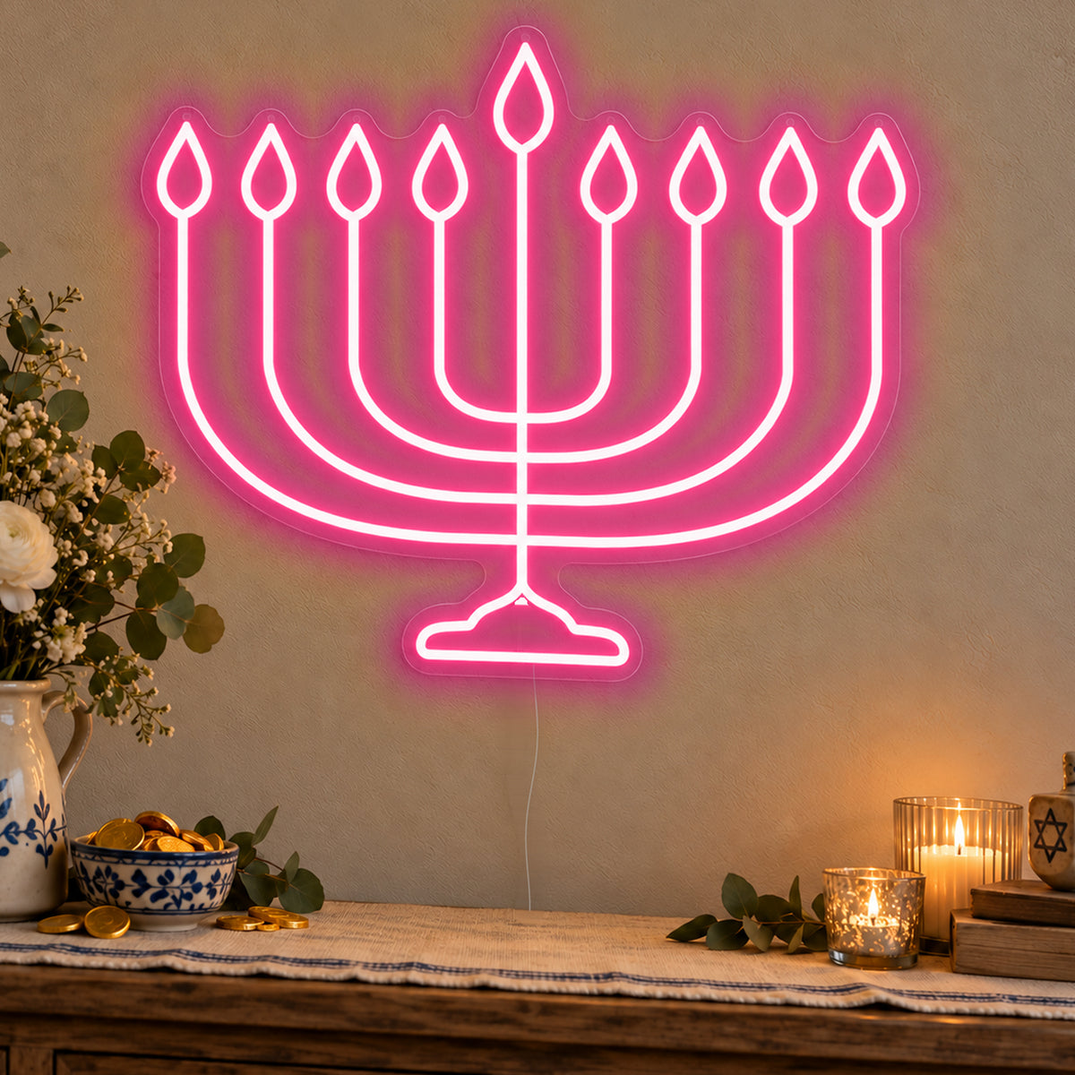 Hanukkiah Neon Sign in rose red LED neon on clear acrylic, angled view