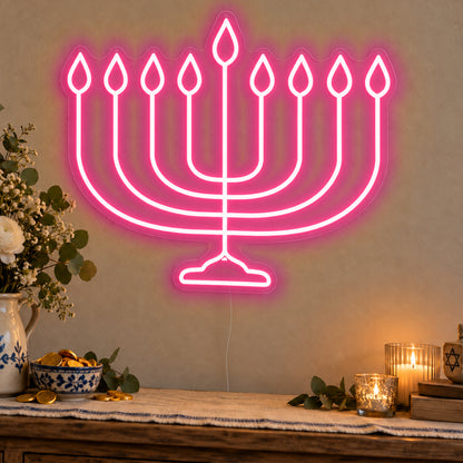 Hanukkiah Neon Sign in rose red LED neon on clear acrylic, angled view